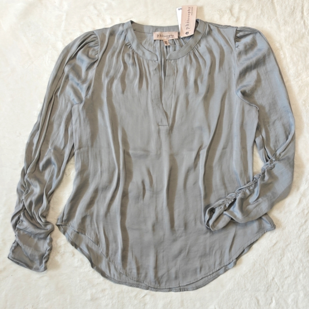 Philosophy Republic Clothing Small Womens V-Neck Flowy Blouse Gray Ruched Sleeve